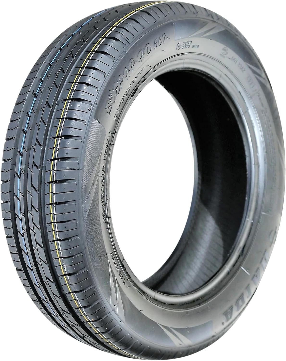 Haida Super HD667 all-season passenger tire with a ribbed tread pattern and a yellow paint stripe across the shoulder