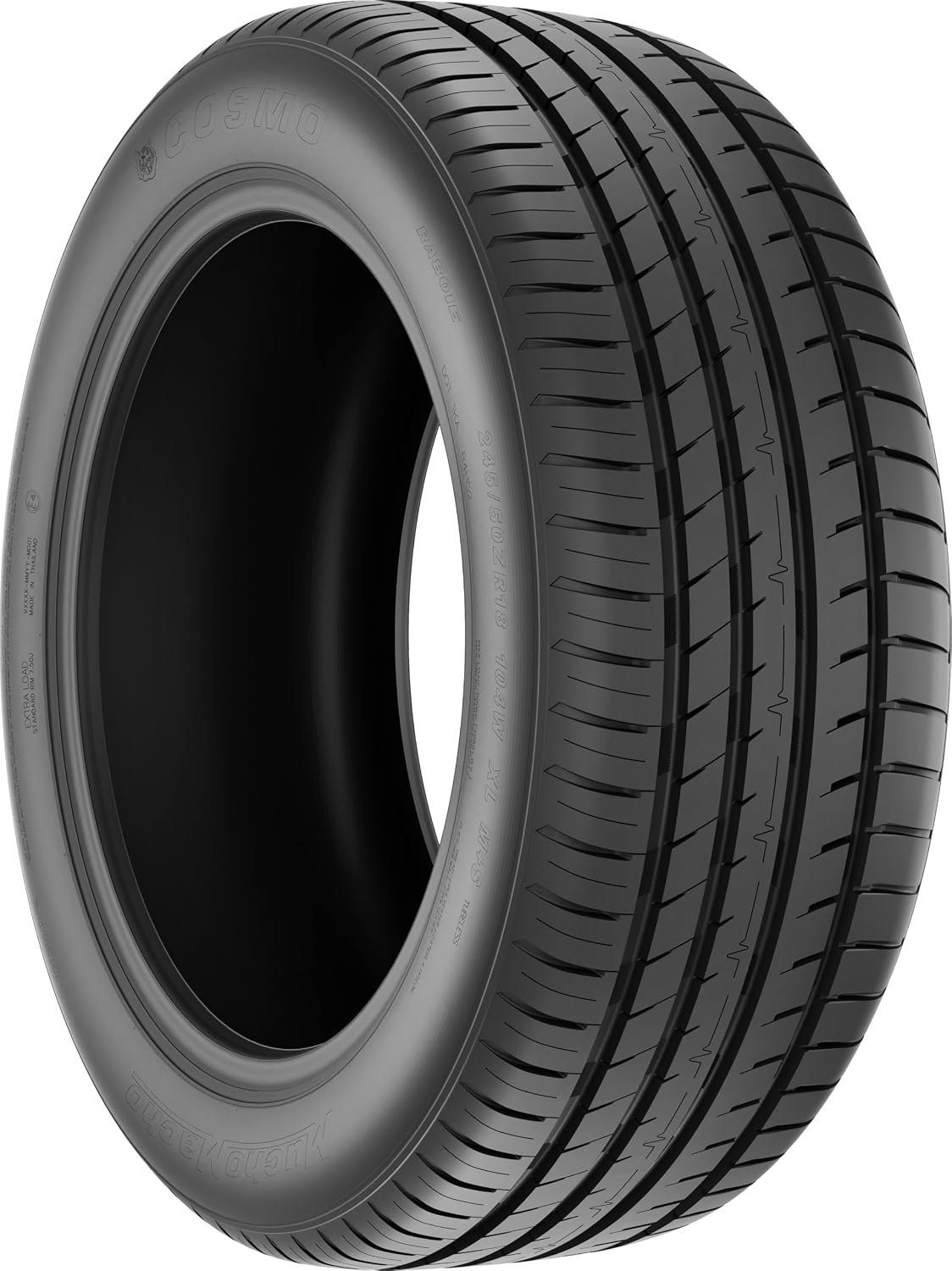 Cosmo MuchoMacho 245/50ZR18 104W XL tire, asymmetric tread with four circumferential channels and COSMO lettering on the sidewall